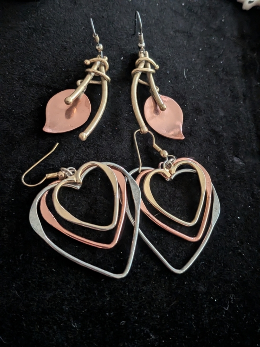 VintageTri-Tone Heart Drop Earrings & Chris Anderson Leaf- Brass, Gold & Silver